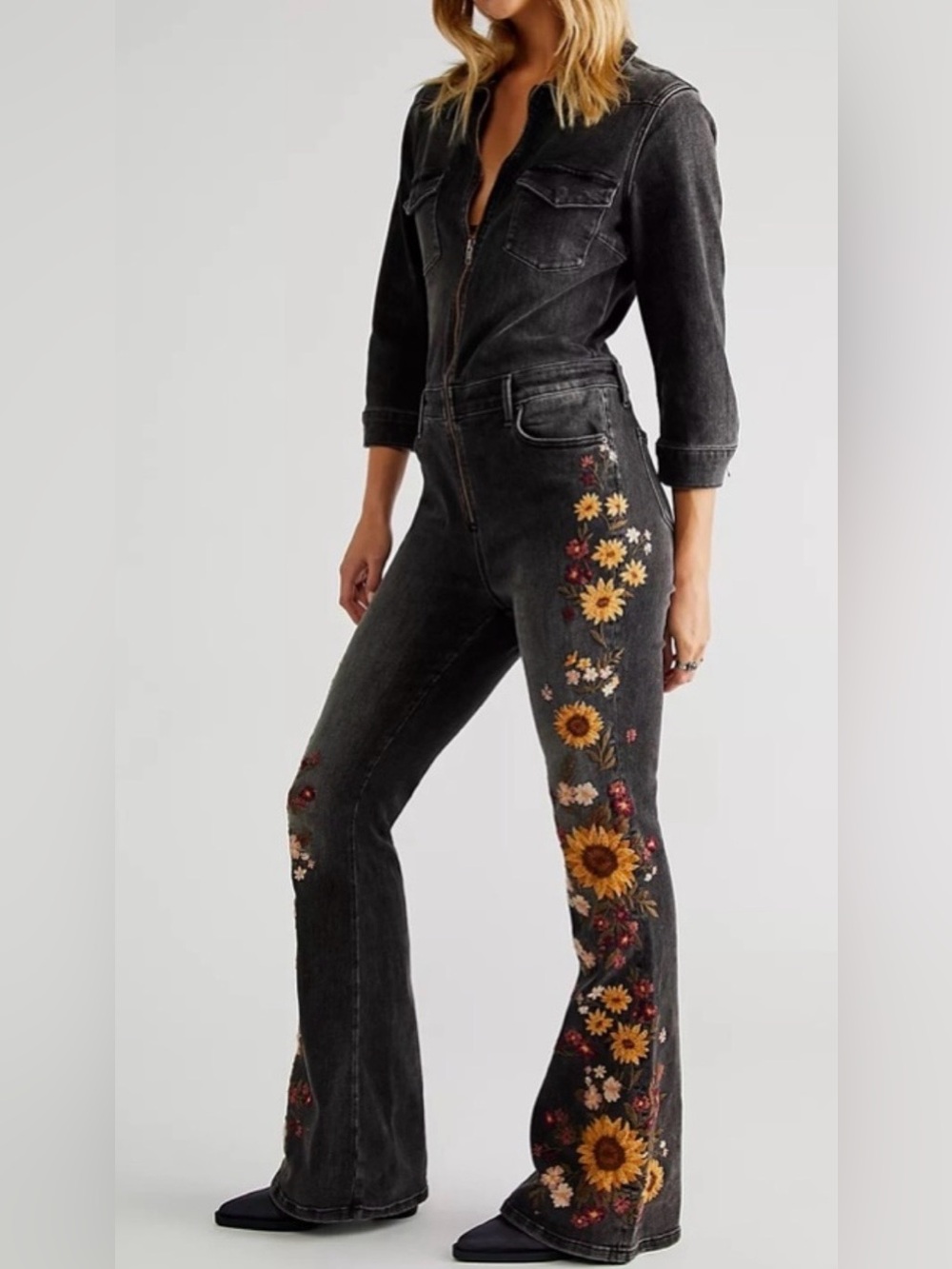DRIFTWOOD Farrah Sunflowers Embroidered Zip Up Coverall Jumper S